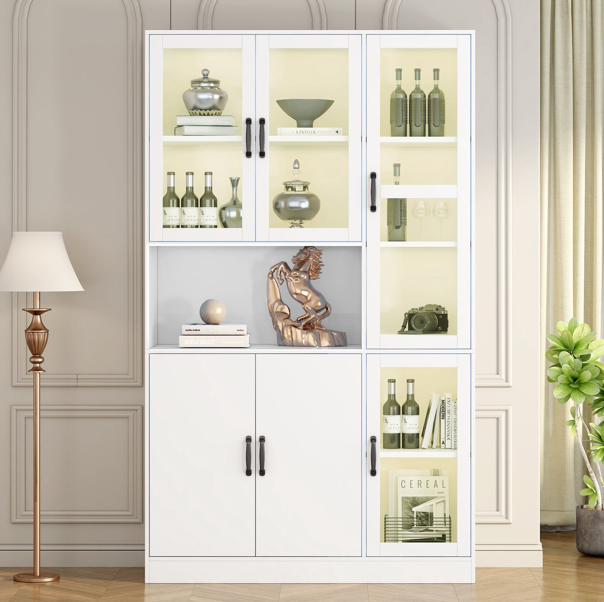 REDOM Vitrinekast - LED-verlichting - 2 houten deuren en open vak - 4 verstelbare planken - MDF en glas - Wit - 120 x 40 x 200 cm