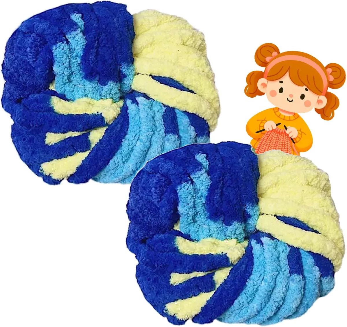 wolgaren, 500 g (250 g x 2) ca. 54 m,XXL grof gebreid, zacht wolgaren voor breien, wol voor haken en breien, sjaalmuts (A32 helder geel en blauw)