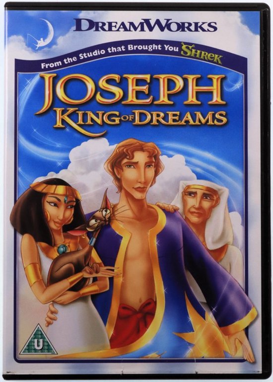 Voorkant van de Joseph: King of Dreams DVD met Joseph en Asenath tegen een blauwe hemel achtergrond.