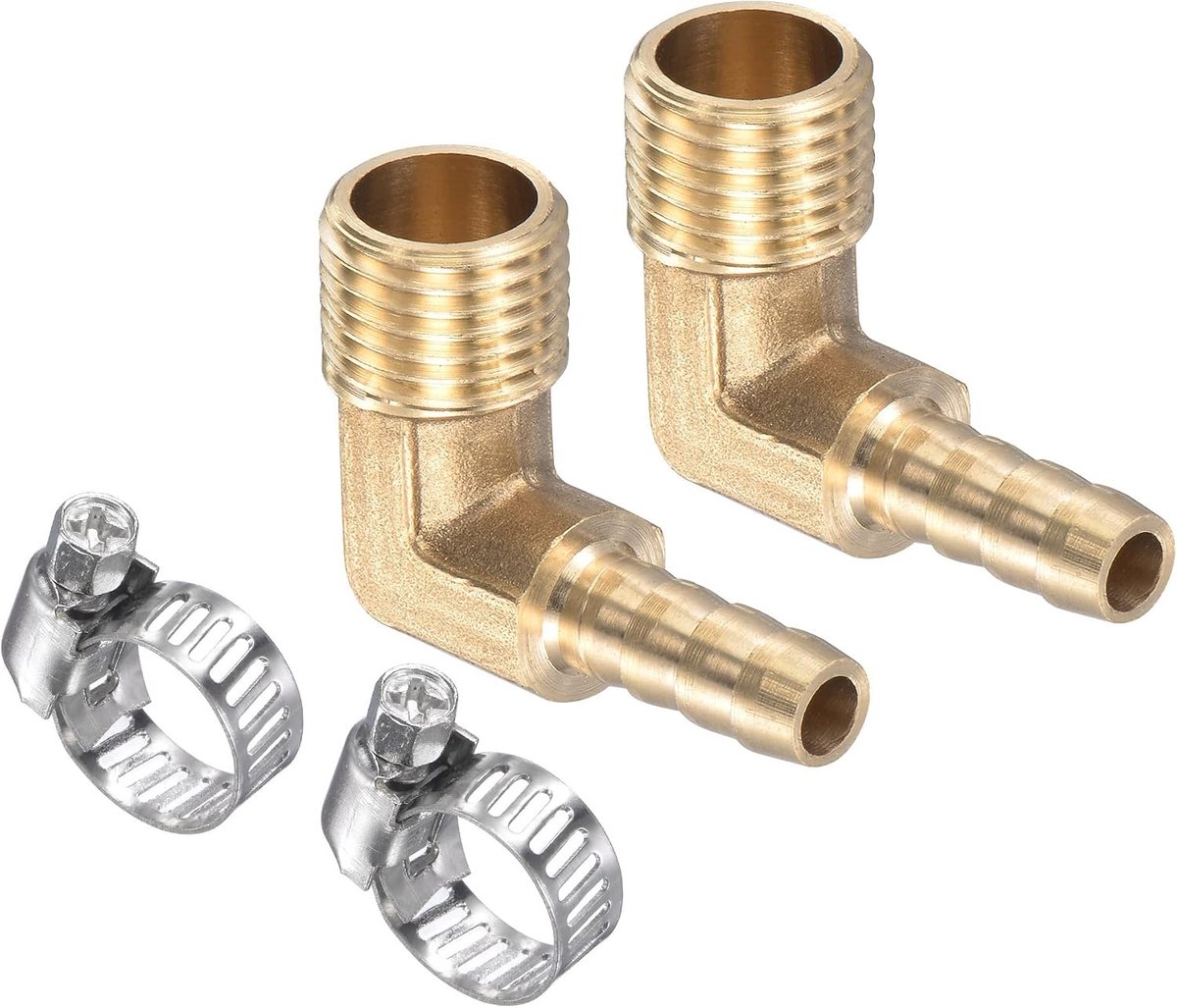 2-Pack Messing Slangfittingen - 90 Graden Elleboog 6mm Slangconnector met Slangklemmen voor Water en Tuinirrigatie