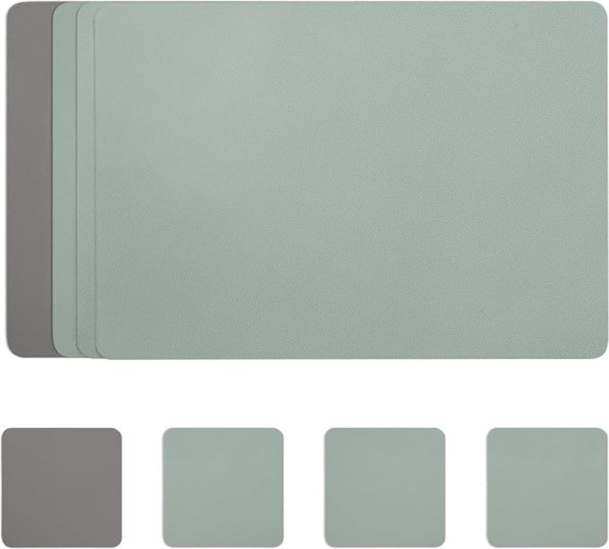 Livatto Placemats Set van 4 - Afwasbare Dubbelzijdige Onderzetters van Kunstleer - Groen/Grijs