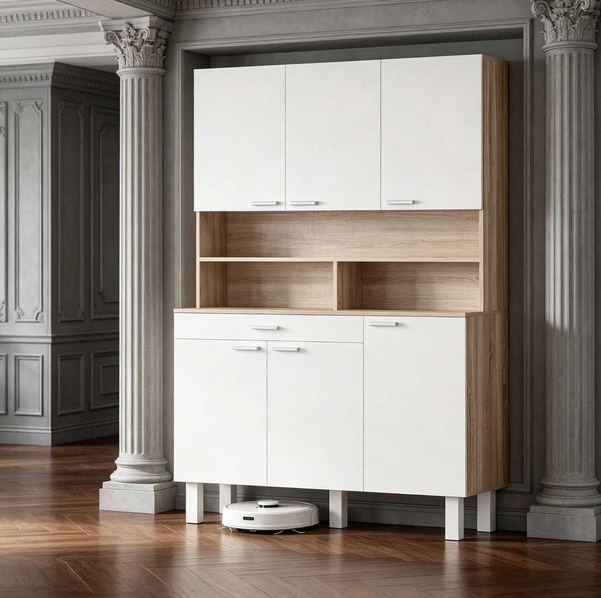 MODENUIT Keukenkast 120 x 40 x 175 cm - 6 Deuren, Lade en Open Vakken - Keuken - Hout - Wit Met Houtlook