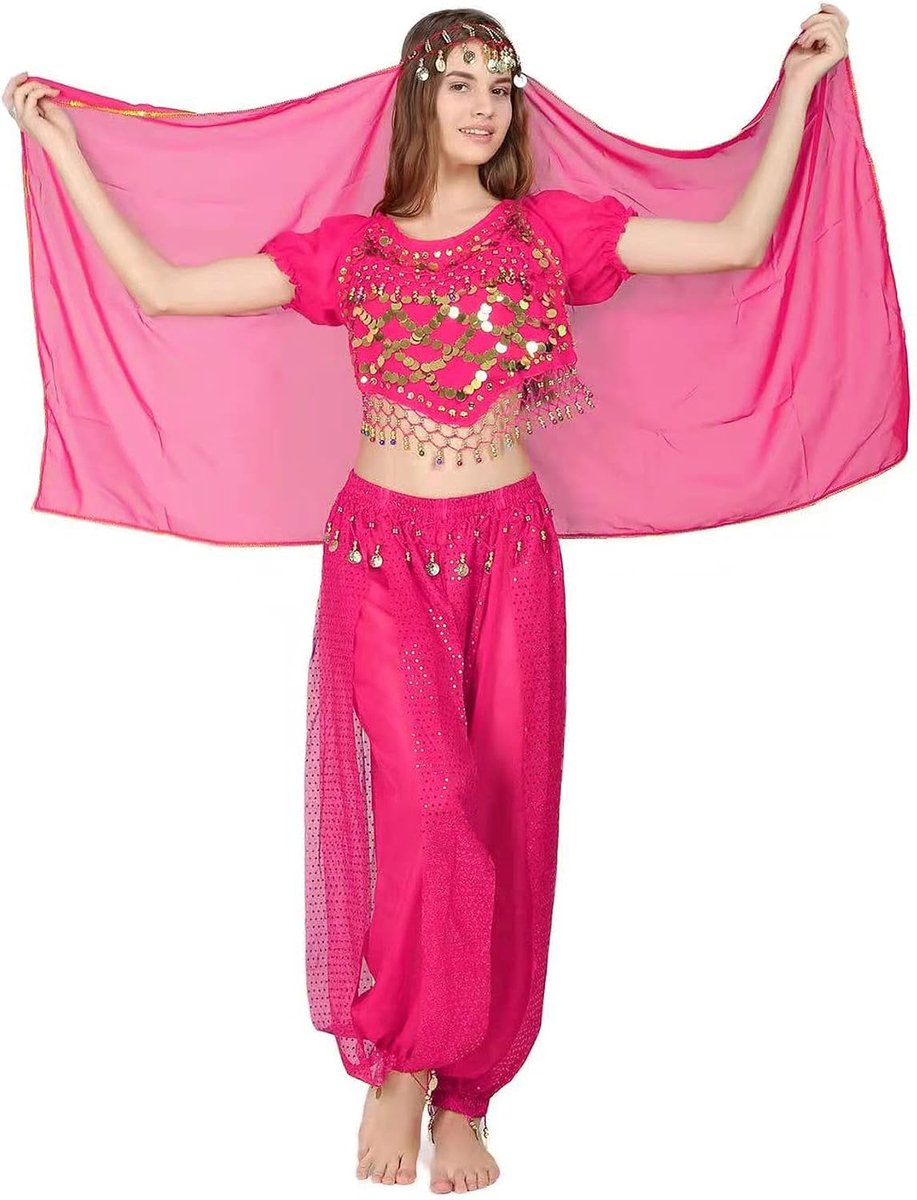 3 stuks buikdansen voor dames, Indiase kleding met pailletten voor prinsessenkostuum, dansset, top, lantaarnbroek en hoofdketting, Fuchsia, Talla única Alto