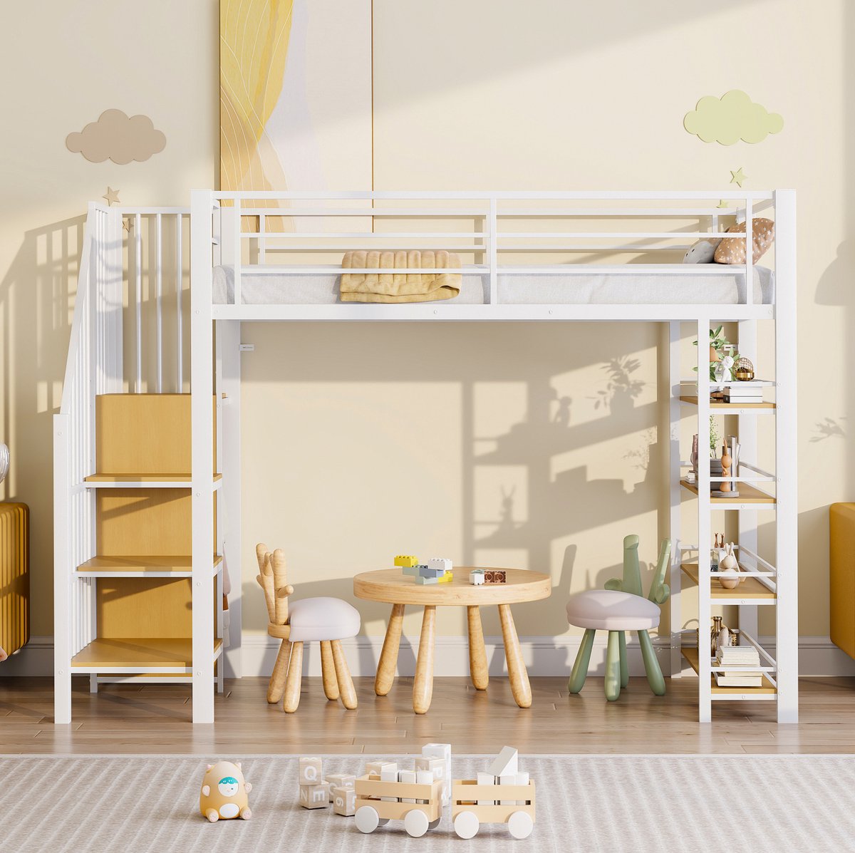 WUVRIE Hoogslaper 90x200 cm met trap, kledingrek, legplanken en hoge uitvalbeveiliging, wit
