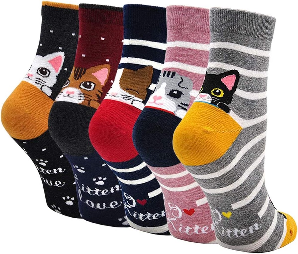 Sokken Dames Fantasie Kleuren Leuke Sokken, Vrolijke Grappige Sokken Dames Kerst Sokken met Dieren Motief, 5 paar