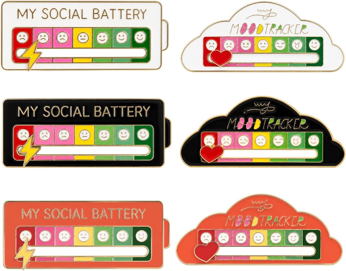 6 stuks Social Battery Pin, My Social Battery stemmingsbarometer 7 dagen, sociale batterij pin emaille pins, spelden voor kleding, rugzak, leuke broche, schuifregelaar, zwart, wit, oranje