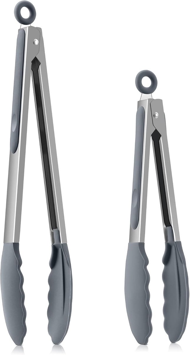 Set van 2 Keukentangen 35 cm en 27 cm RVS Siliconen Kooktangen met Antiaanbakpunt en Vergrendelclip, Makkelijk te Grip en Schoon te Maken voor Grillen en Koken