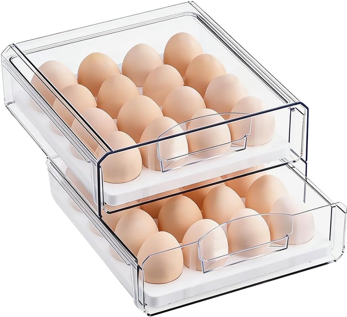 Eieren opbergen, koelkastorganizer, lade, uittrekbaar, 32 roosters/2 lagen, eierhouder, opbergdoos, koelkastladen, stapelbaar, koelkastladen, transparante eierbox