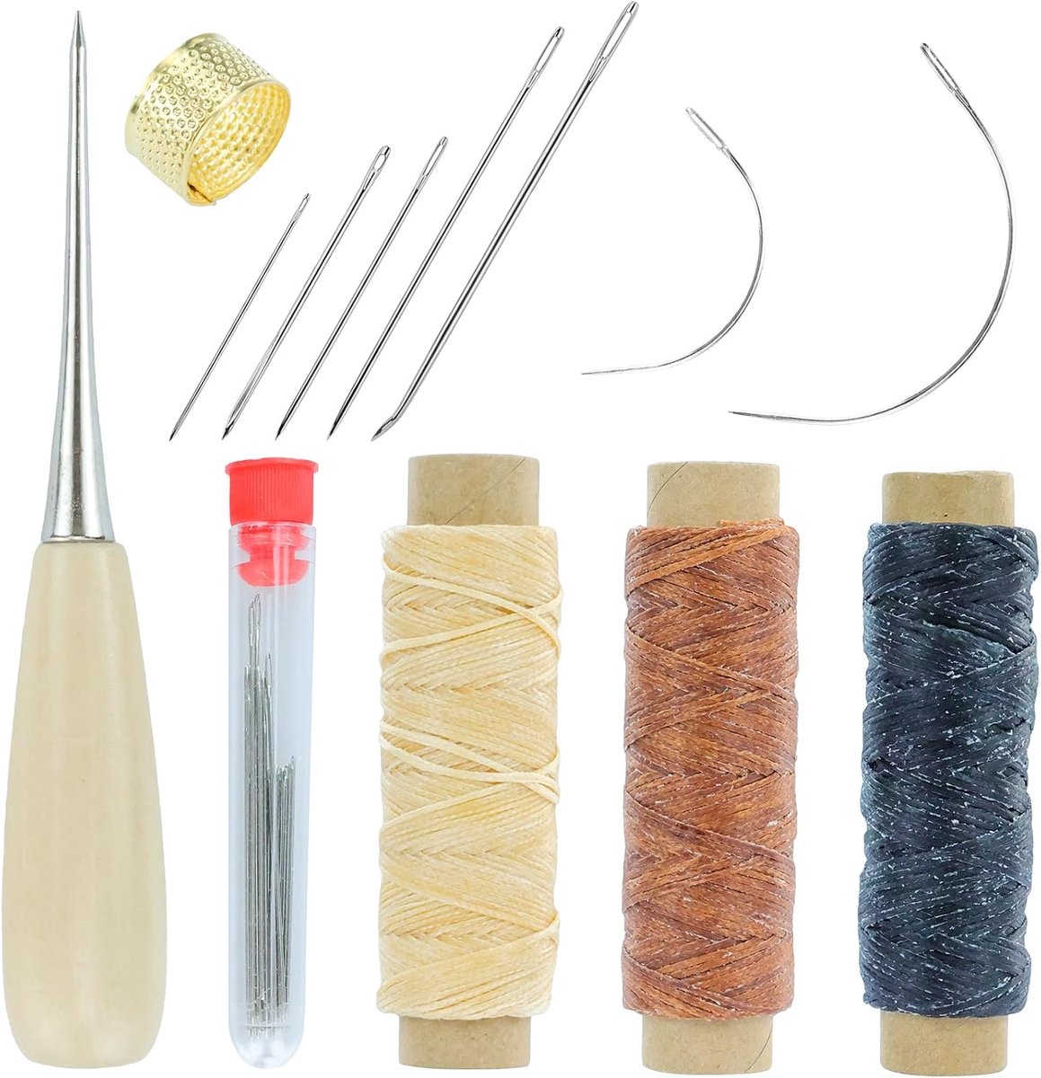Naaldenset, 3 rollen waxdraad, leergaren, scheurbestendig, naainaalden, vingerhoed, reparatie voor gestoffeerde meubels, tapijten, banken, zeilstoelen en schoenreparaties