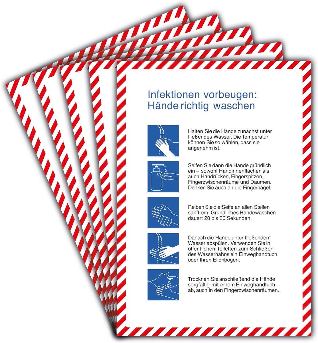Stickers van A4, 21 x 29,7 cm, om je handen goed te wassen, hygiënische voorschriften stickers met uv-bescherming, voor binnen en buiten, 5 stuks