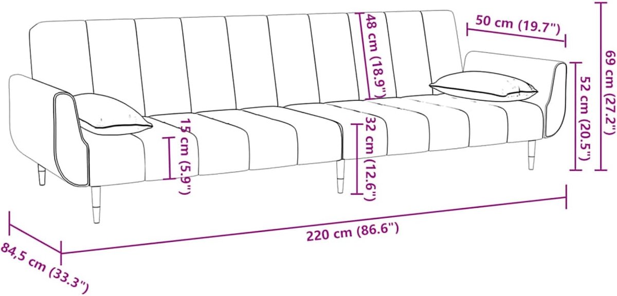 Moderne fluwelen slaapbank met armleuningen en 2 kussens, voor woonkamer, 220 cm, 2-zitsbank in modern fluweel, 3-zitsbank voor woonkamer