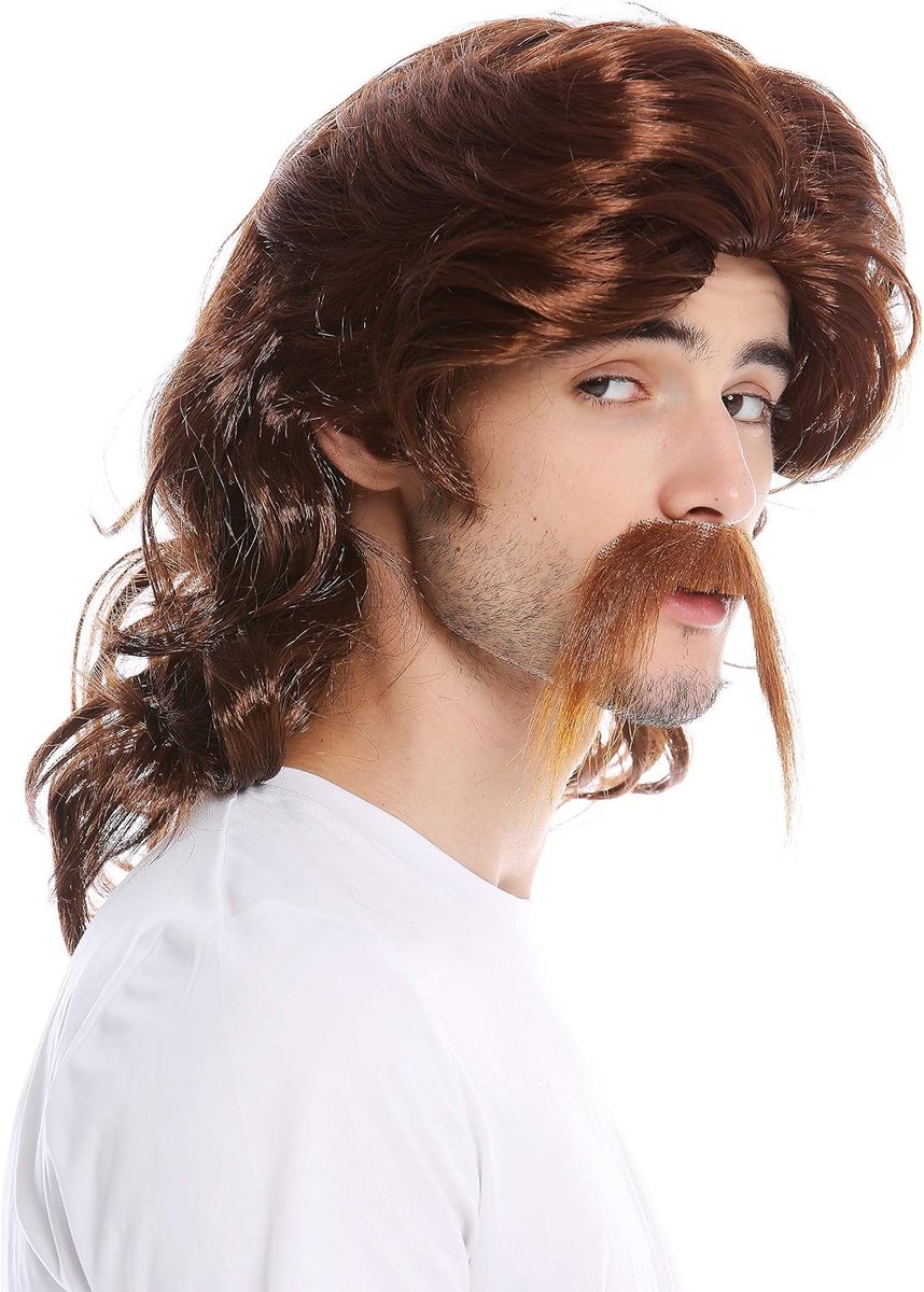 Pruik Baard Heren Lange Snor Gallische Germaanse Bard Proletariër Jaren 70 Mullet Roodbruin