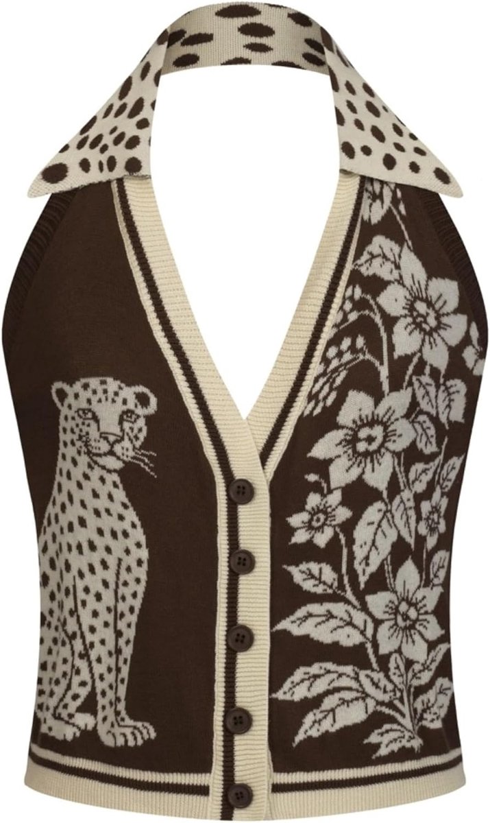 Tanktop voor dames, nekhouder, gebreid vest met luipaard- en bloemenmotief, bruin, beige, V-hals, vest met kraag en knopen, retro vrijetijdstop