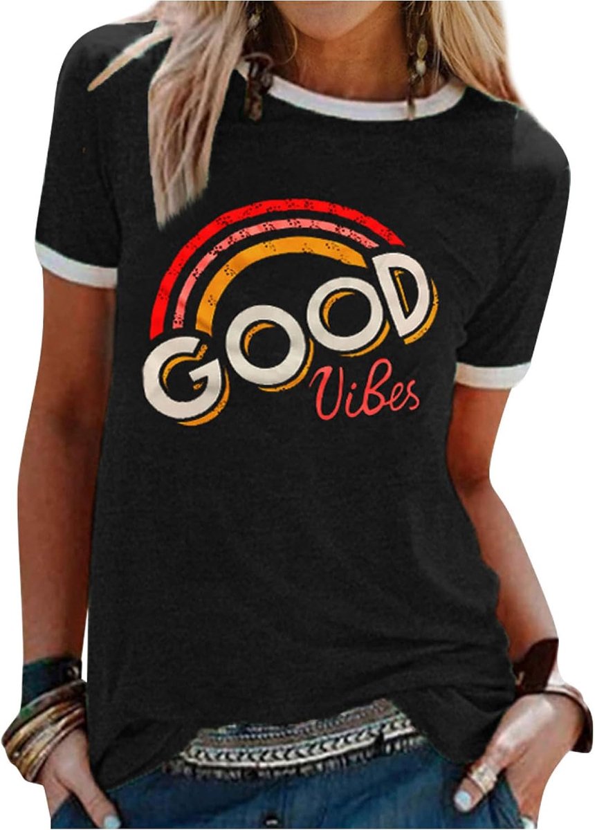 Dames-T-shirt voor de zomer met korte mouw en ronde hals, T-shirt met regenboogafbeelding, grafisch informeel dames-T-shirts, topje bedrukt met een positieve tekst, S-XXL