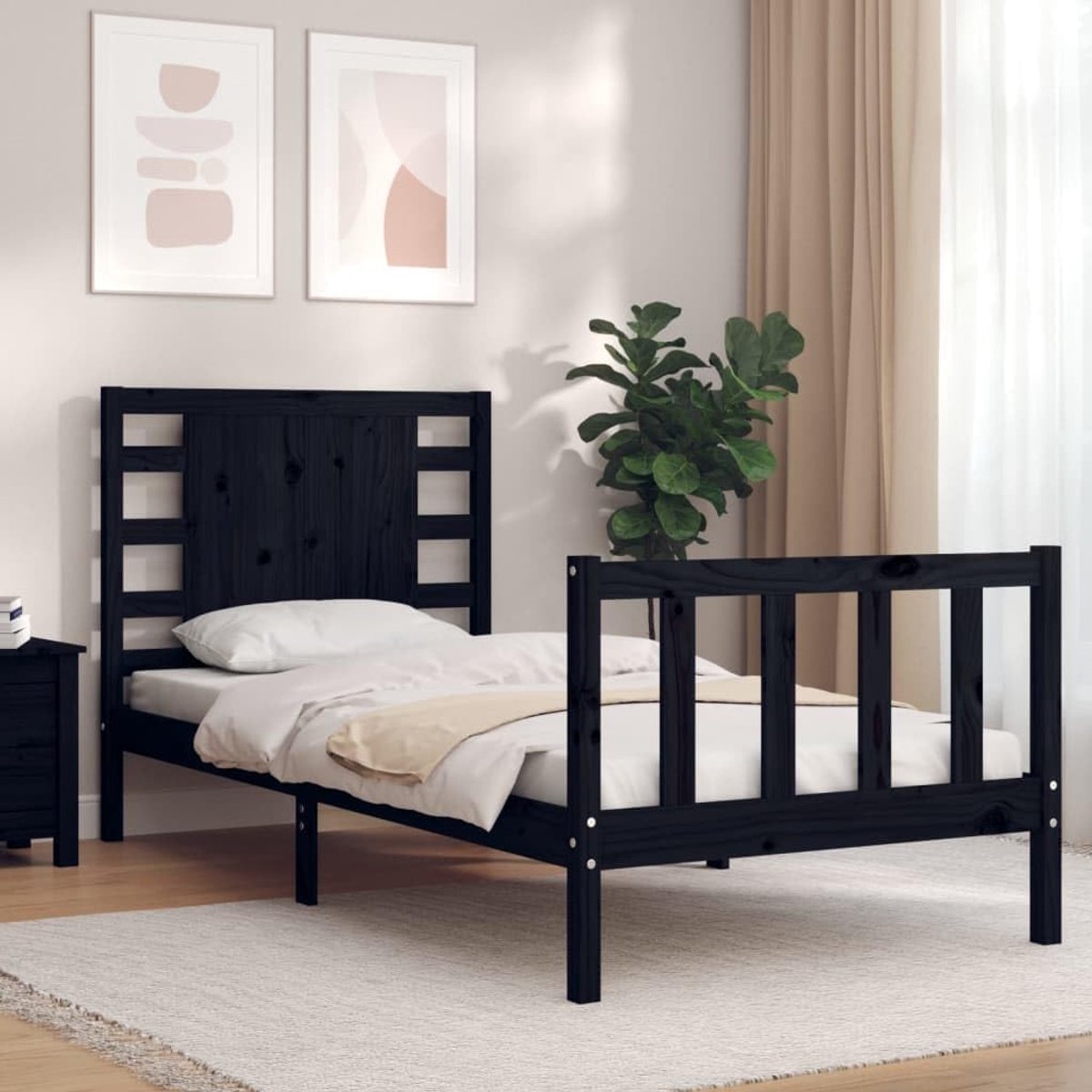 Tweepersoonsbed, massief houten bed met hoofdeinde, zwart, 2FT6 Small Single geschikt voor familiekamers