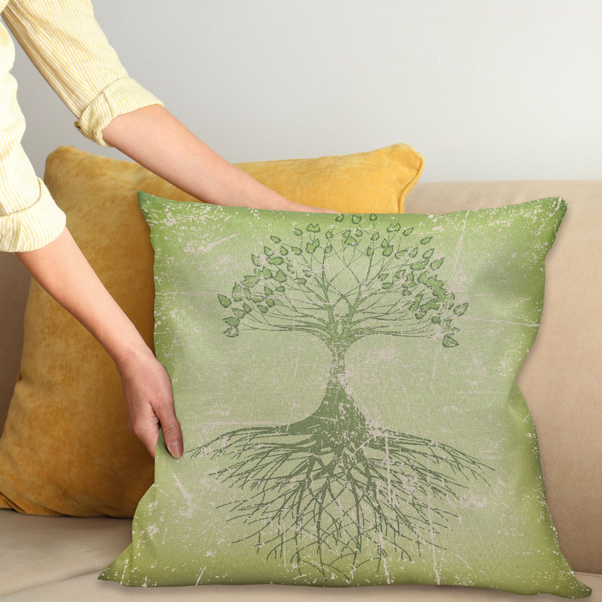 ABAKUHAUS Boom van Leven Sierkussenhoes, Grunge Stijl Roots in Soil Reflection Mystic Wisdom Growth Aged Look Natuur, Decoratieve Vierkante Sierkussenhoes, 40 x 40 cm, Groen