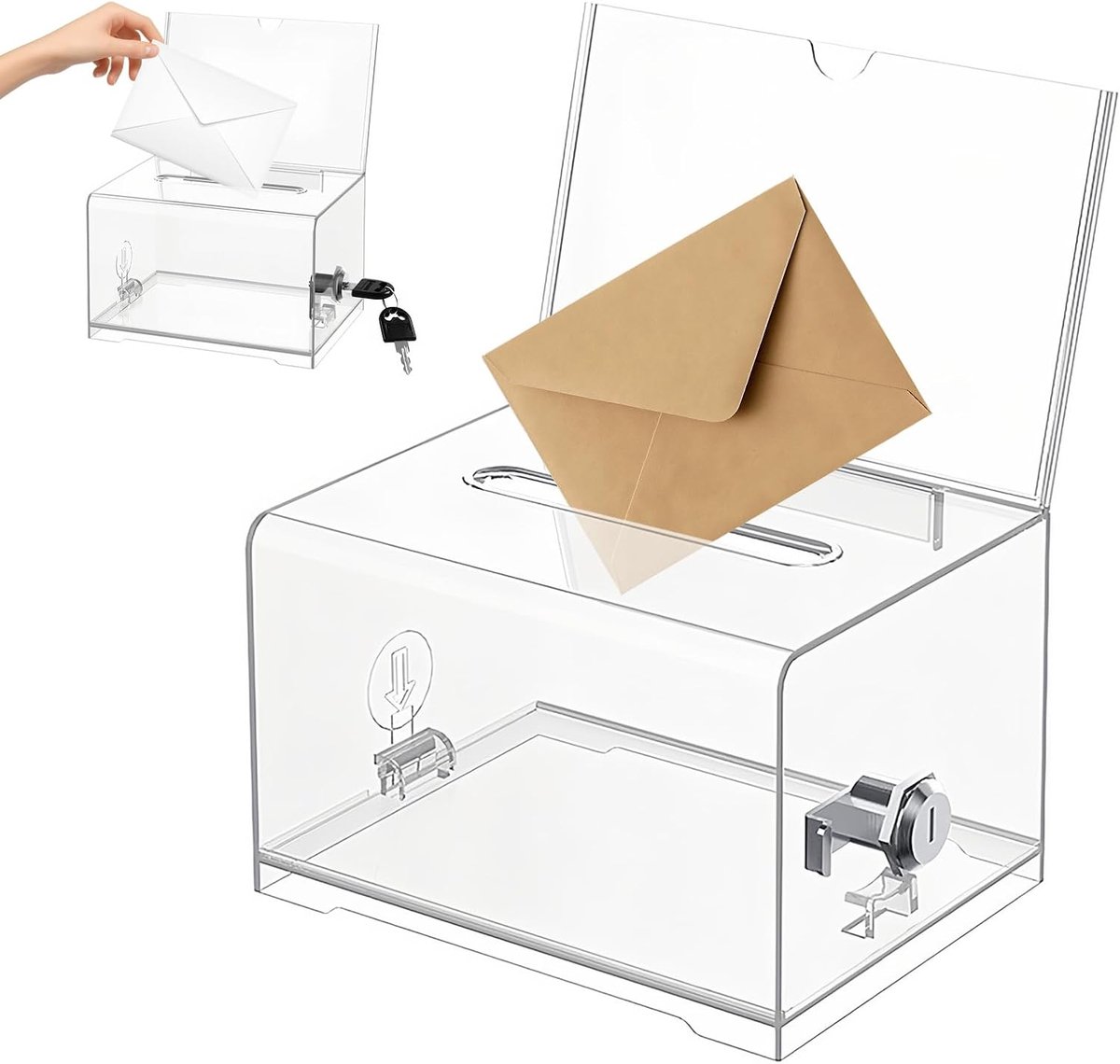 afsluitbaar, geldcassette, transparante opbergdoos, spaarpot met sleutel, stembus, dispenserbox, doorzichtig, commentarbox, suggestiebox, voor stemmingen, wedstrijden