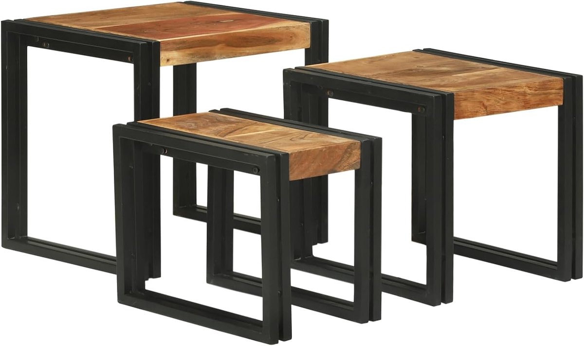 Nestingtafel 3 stuks massief acaciahout en een metaal, salontafel bijzettafels moderne koffietafel voor woonkamer slaapkamer 4104728