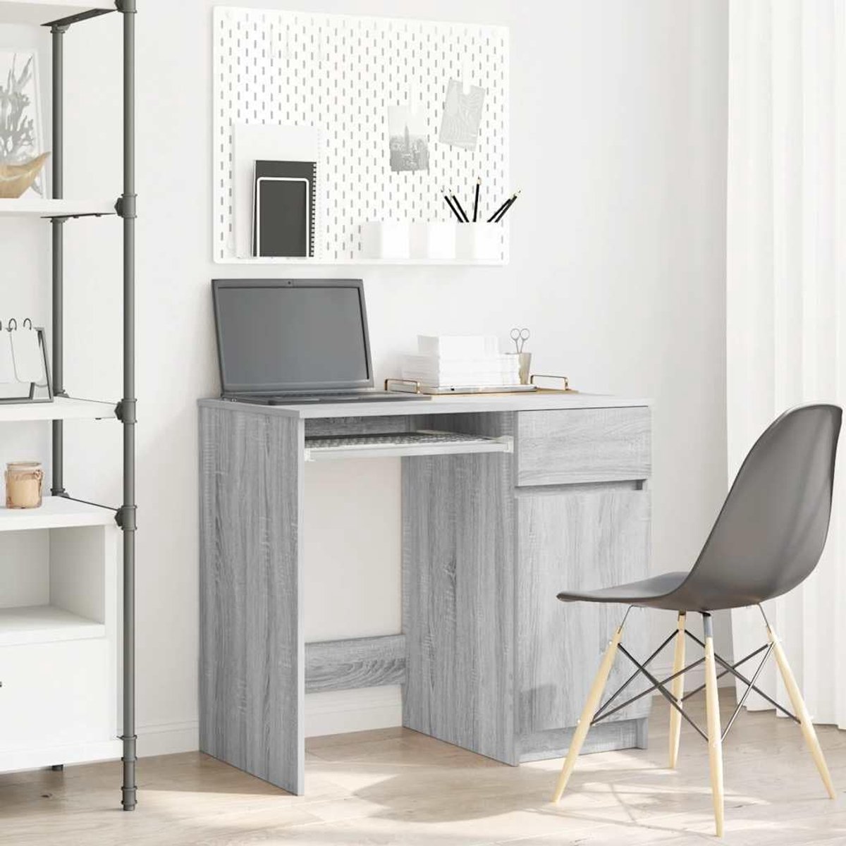 Bureau, grijs Sonoma, 86 x 49 x 76 cm, houtmateriaal met deur, legplank en lade, stabiel tafelblad, veelzijdig inzetbaar voor kantoor, woonkamer en eetkamer