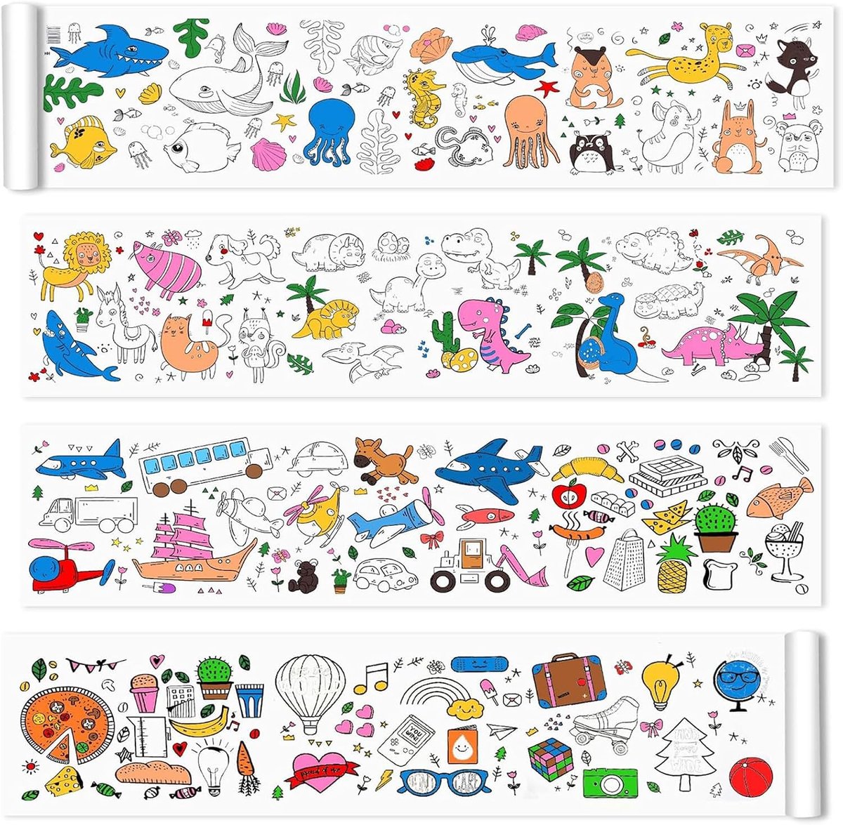 Set van 4 schilderrollen voor kinderen, 30 x 90 cm, kleurrol met 4 verschillende thema's, 3,6 m tekenrol voor kinderen, knipbare schilderpapierrol voor doe-het-zelf schilderen en knutselen