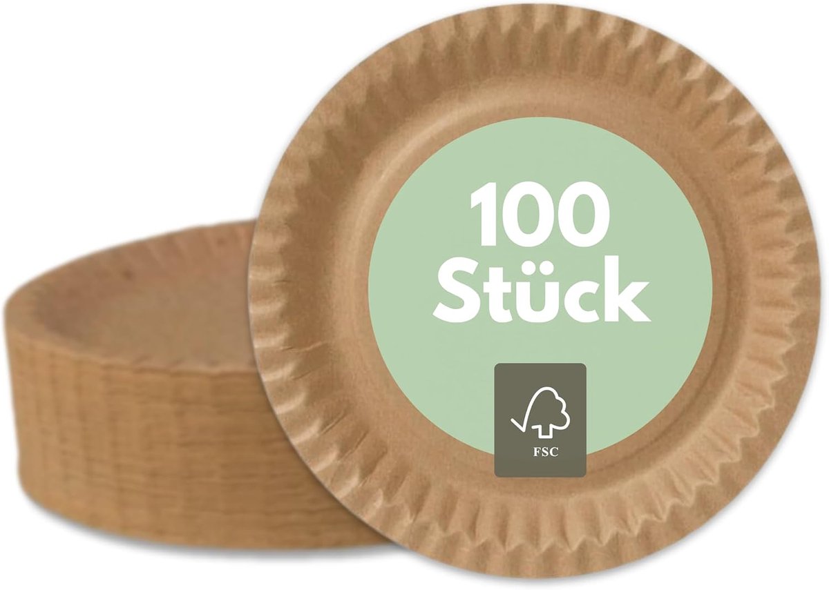 Borden, bruin, rond, 23 cm, 50 stuks, FSC-gecertificeerd, vetdicht,, composteerbaar, coating op waterbasis, servies, papier, wegwerp (50)