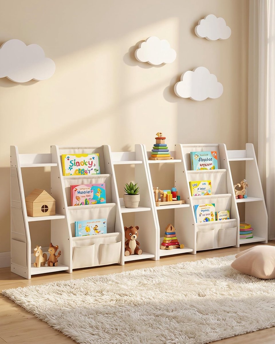 Kinderboekenkast, 2 stuks, speelrek voor kinderkamer, speeldoos voor kinderen met 6 open zones en meerdere zakken (97,5 x 30 x 76 cm)