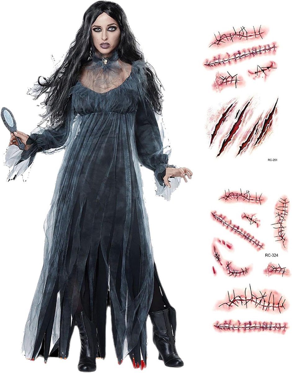 Heksenkostuum voor dames, vampier, lange jurk, horror, zwarte spookbruid, boze koningin, kostuum, cape, carnavalskostuum, outfits voor volwassenen