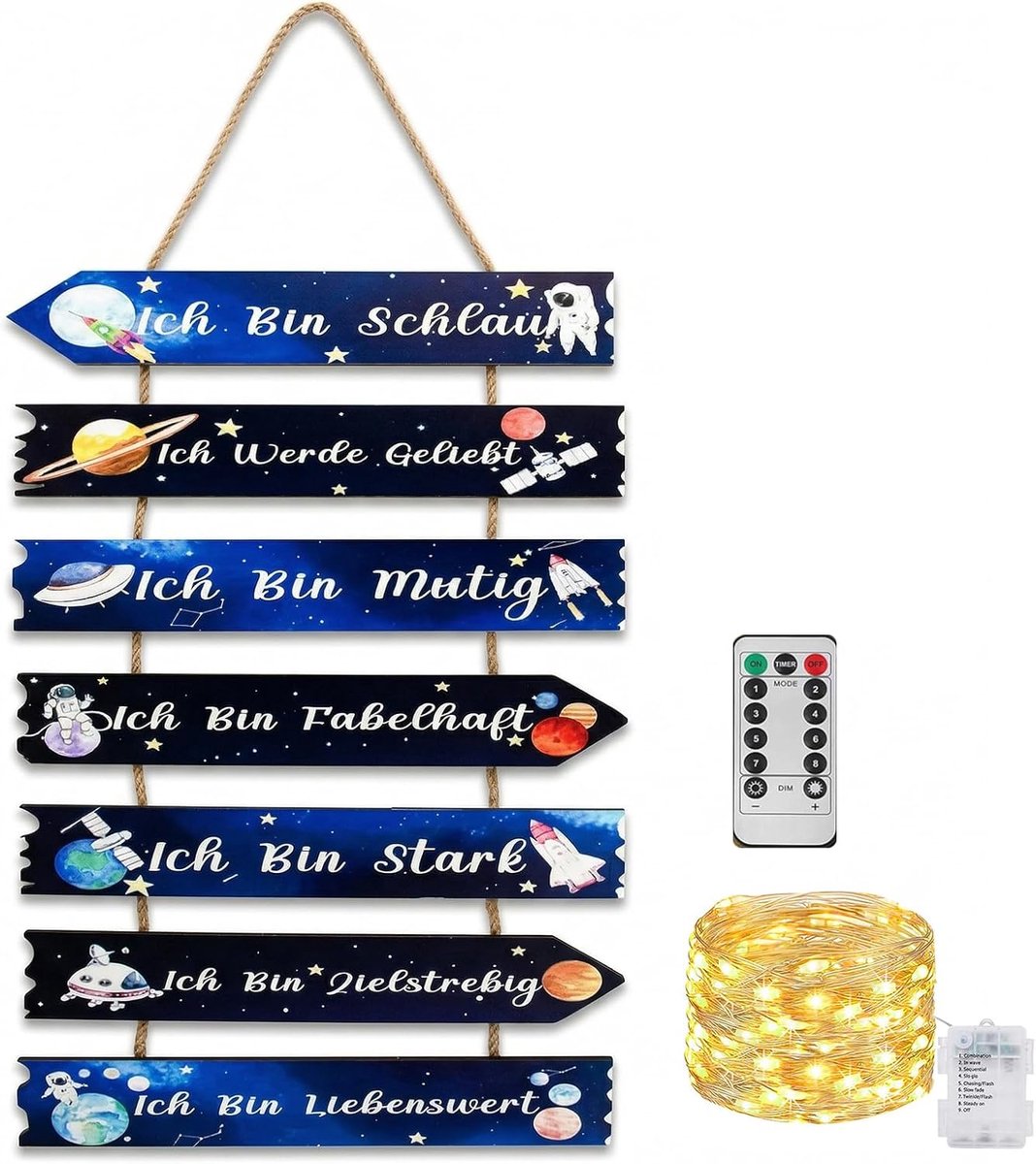 Deurbordje voor kinderkamer, decoratie voor jongens, astronaut ruimtemotief met 2 m led-lichtsnoer, 29 x 4 cm, houten wanddecoratie, inspirerende spreuken voor jongenskamer, ruimtedecoratie