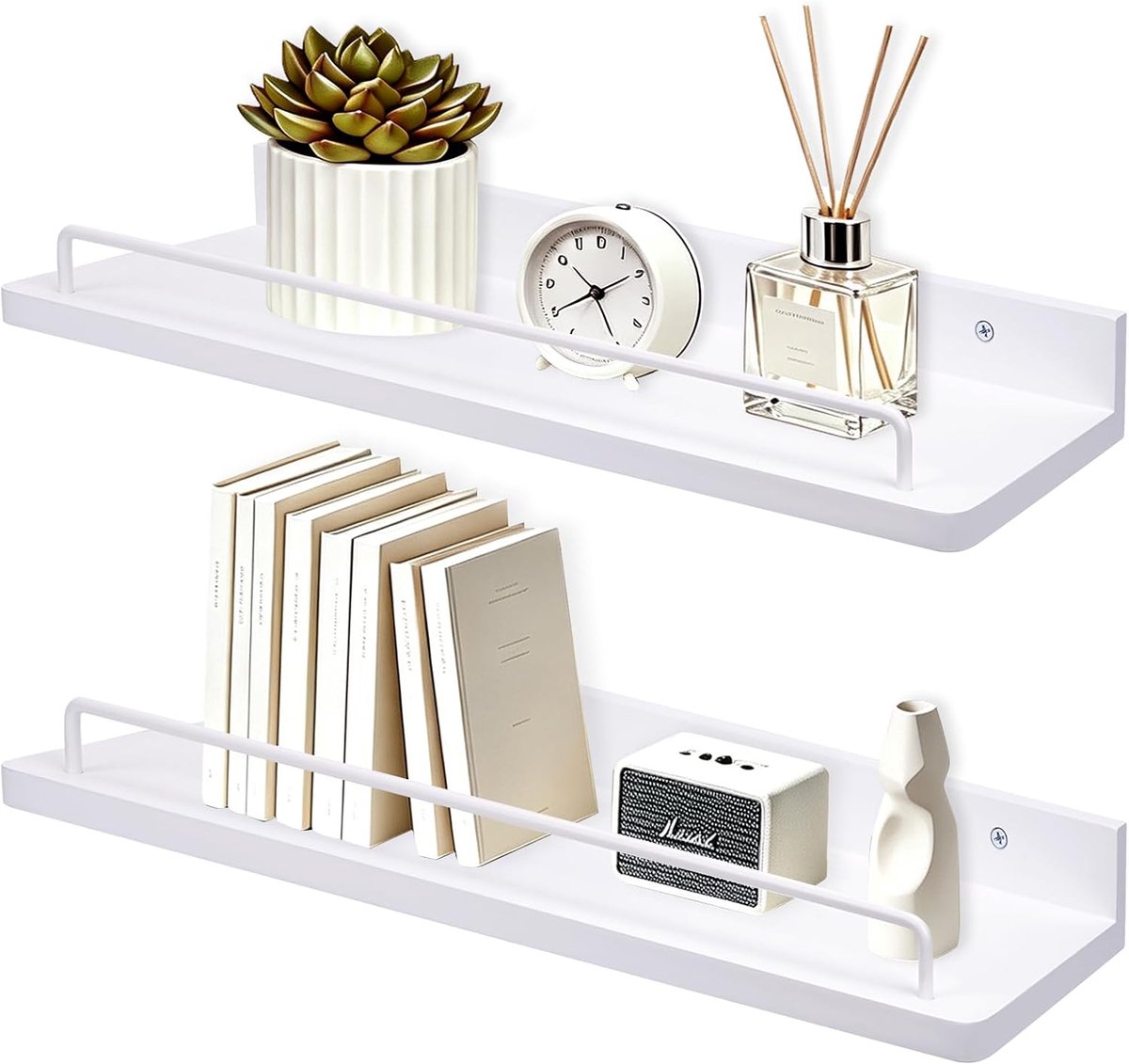 Wandrek van hout, zwevend rek, set van 2, 14 x 40 cm, fotolijst, wit, boekenkast, muur voor woonkamer, slaapkamer, badkamer, keuken (wit)