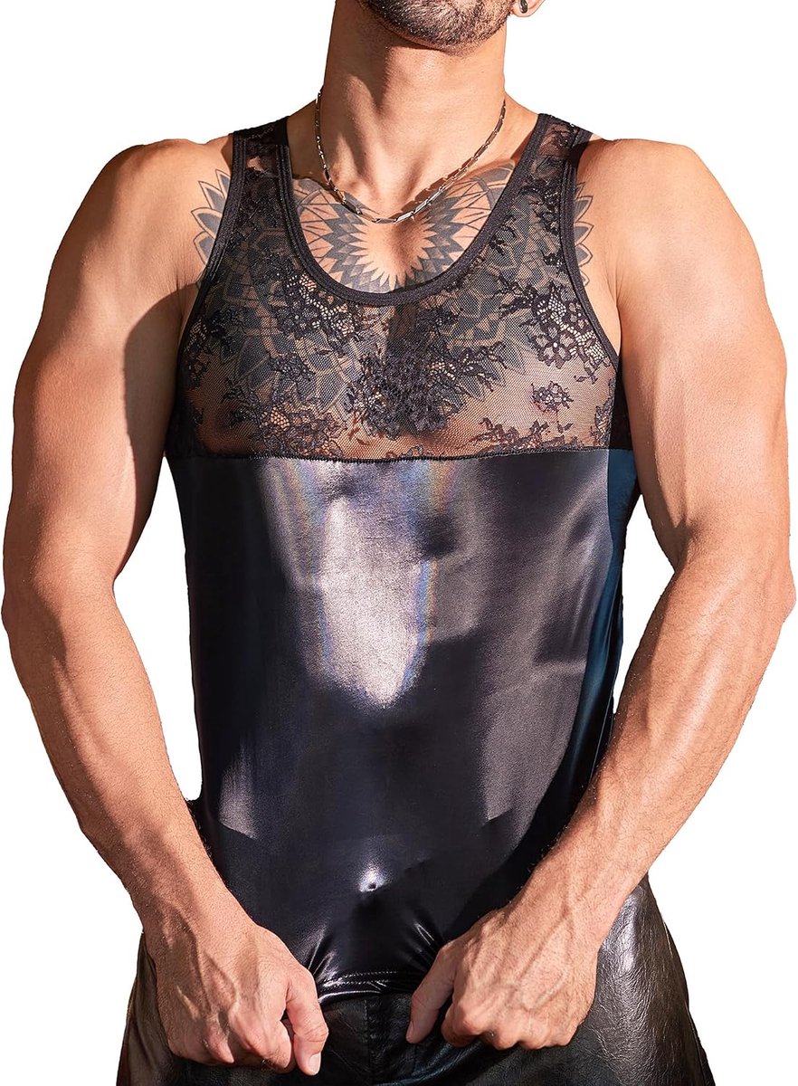 Mannen-bustehouder met kant, sexy doorzichtige vesten, lederachtige shirts met korte mouwen voor sportkleding