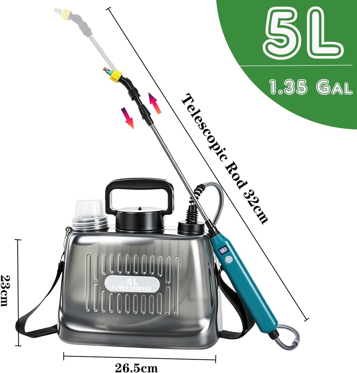 autopomp, tuinsproeiapparaat met batterij, elektrische plantensproeier met 3 sproeiers, telescopische lans met zichtbaar batterijniveau, transparante tank (5 l)