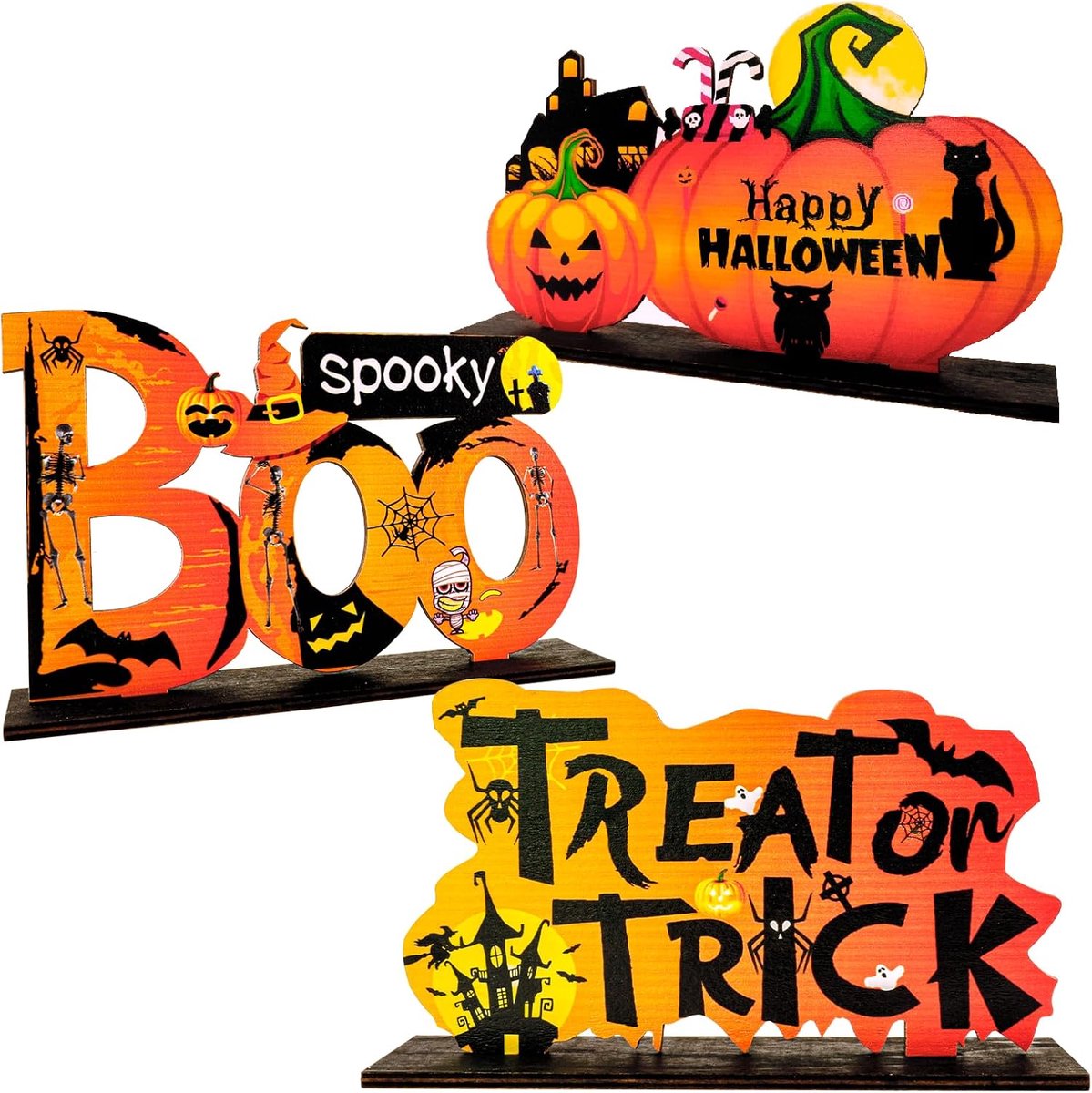 3 stks Halloween Tafel Centerpiece Happy Halloween Tafeldecoraties, Trick or Treat Pompoen Boo Spookachtige Tafel Centerpieces Teken Houten Halloween Ornamenten voor Halloween