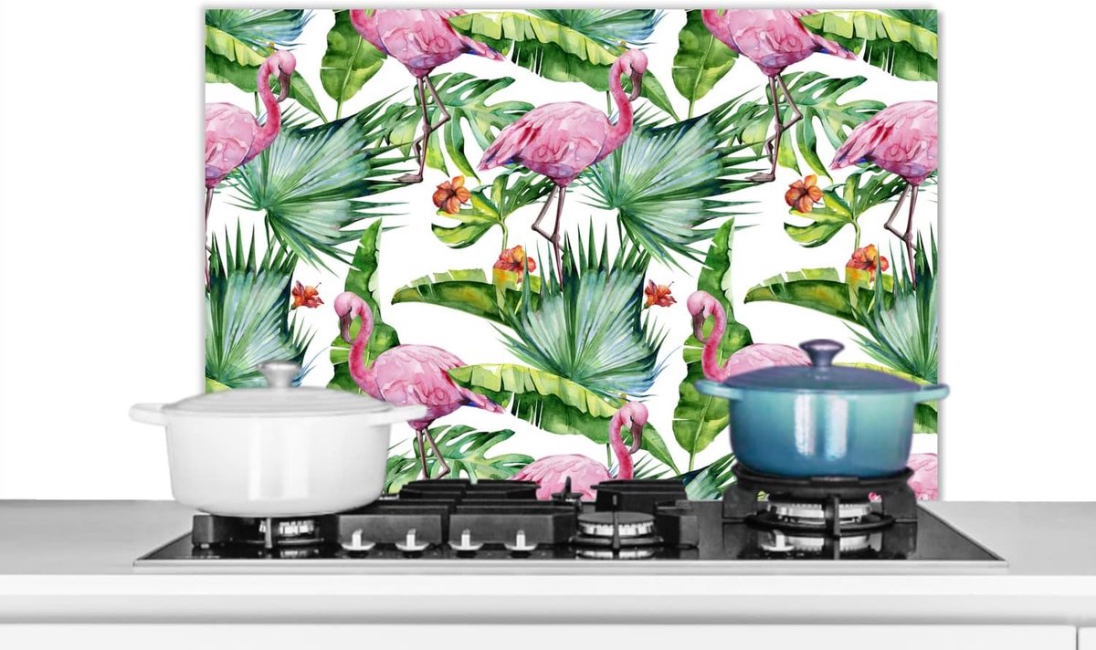Spatscherm Keuken - 90x60 cm - Bladeren - Flamingo - Bloemen - Jungle