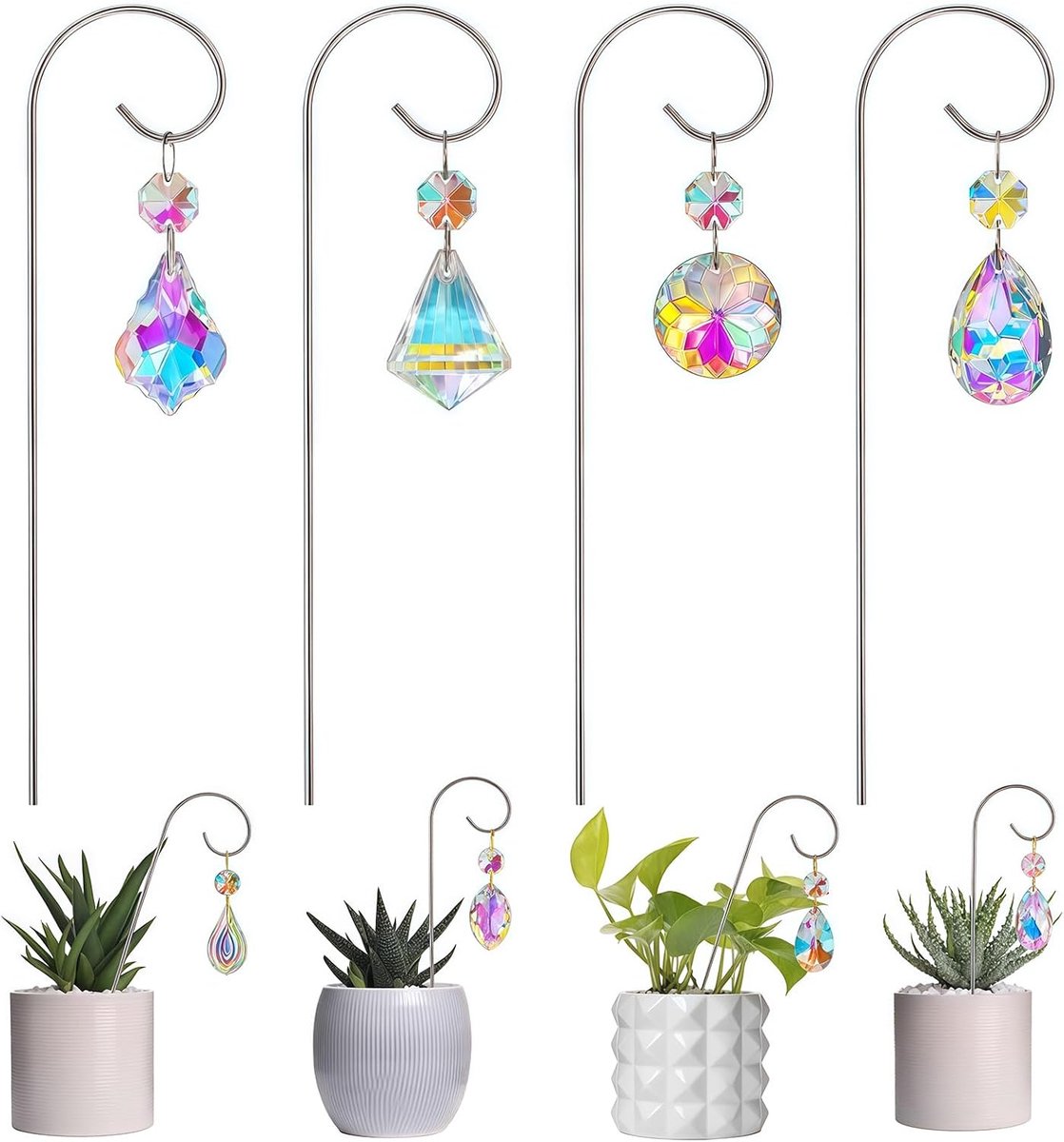4-delige Mini Plantenrek met Kristalprisma’s, Zonvanger en Regenboogmaker voor Binnen en Kleine Potplanten