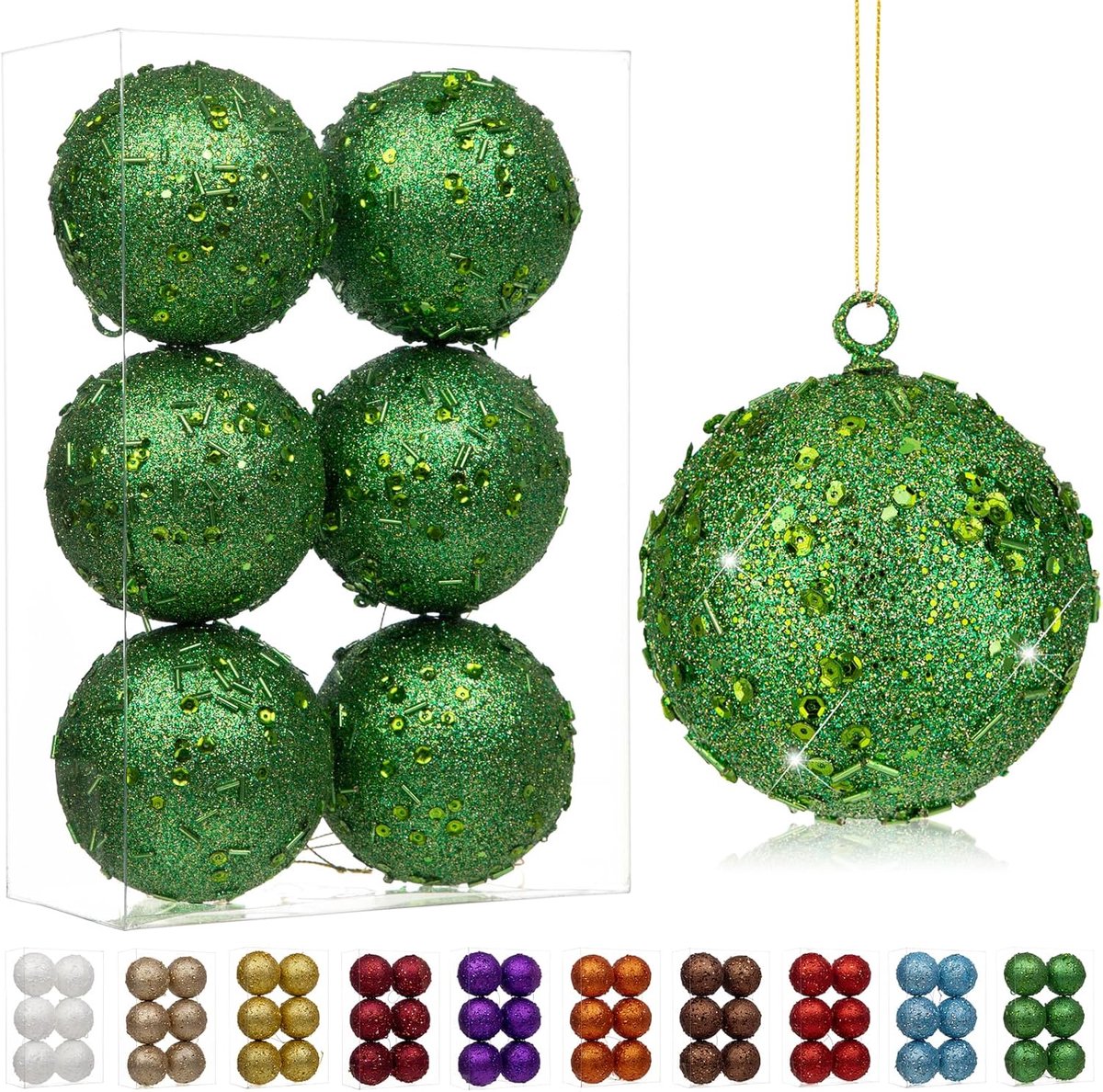 6-delige set 8 cm decoratieve kerstboomballen, kerstbal-ornament met holografische glitter kerstboomversiering tere decoraties voor kerstboom, kerstbruiloft, groen