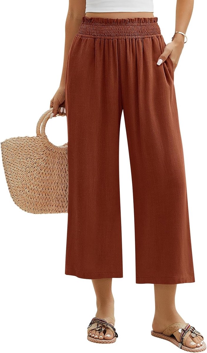 broek dames 7/8 lichte zomerbroek dames elegant katoen linnen luchtige broek wijde pijpen zomer broek losse vrijetijdsbroek met zakken elastische tailleband