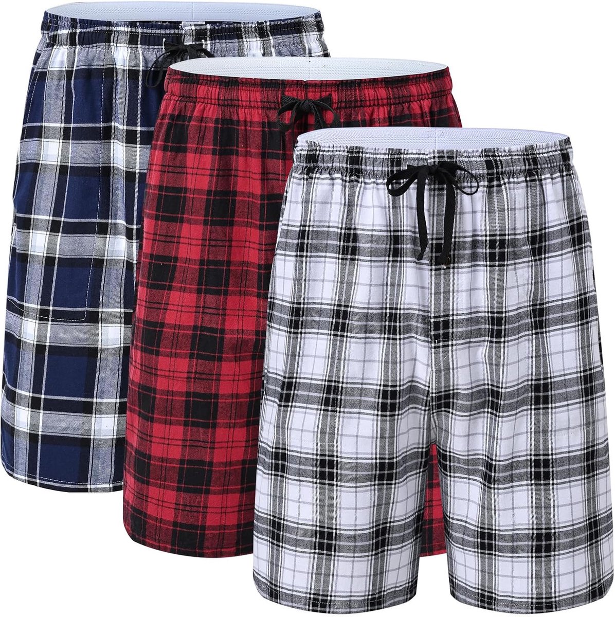 Pyjamabroek voor heren, korte pyjama, katoen, set van 3, geruite slaapbroek, zacht, ademend, zakken, knoopsluiting