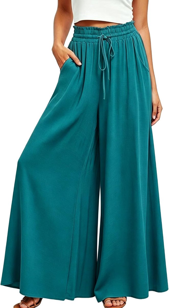 zomer, hoge taille, vloeiende palazzo-broek, brede pijpen, casual, licht, elegant, strand, casual broek met zakken en trekkoord