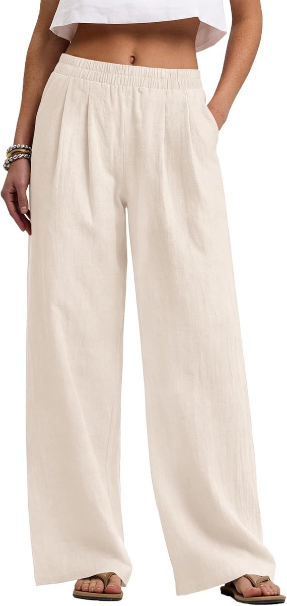 Linnen Broek Vrouwen Brede Pijpen Broek Met Zakken Elastische Taille