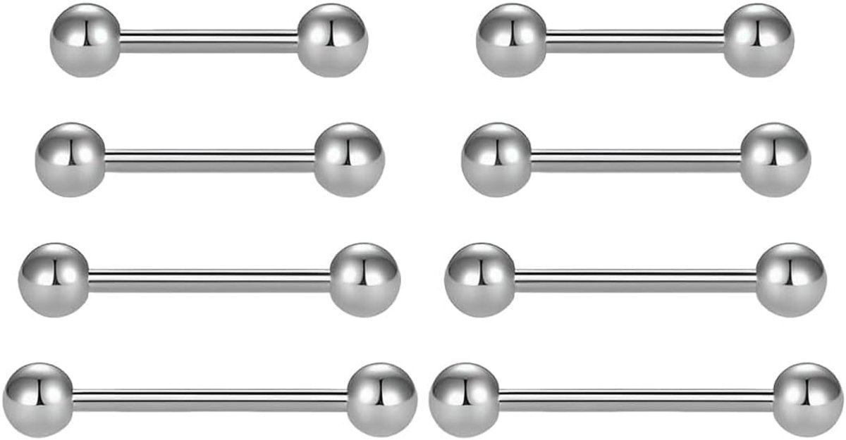 8 stuks roestvrijstalen piercingoorbellen met gaatje, tongpiercing van chirurgisch staal, 12 mm, 14 mm, 16 mm, 18 mm