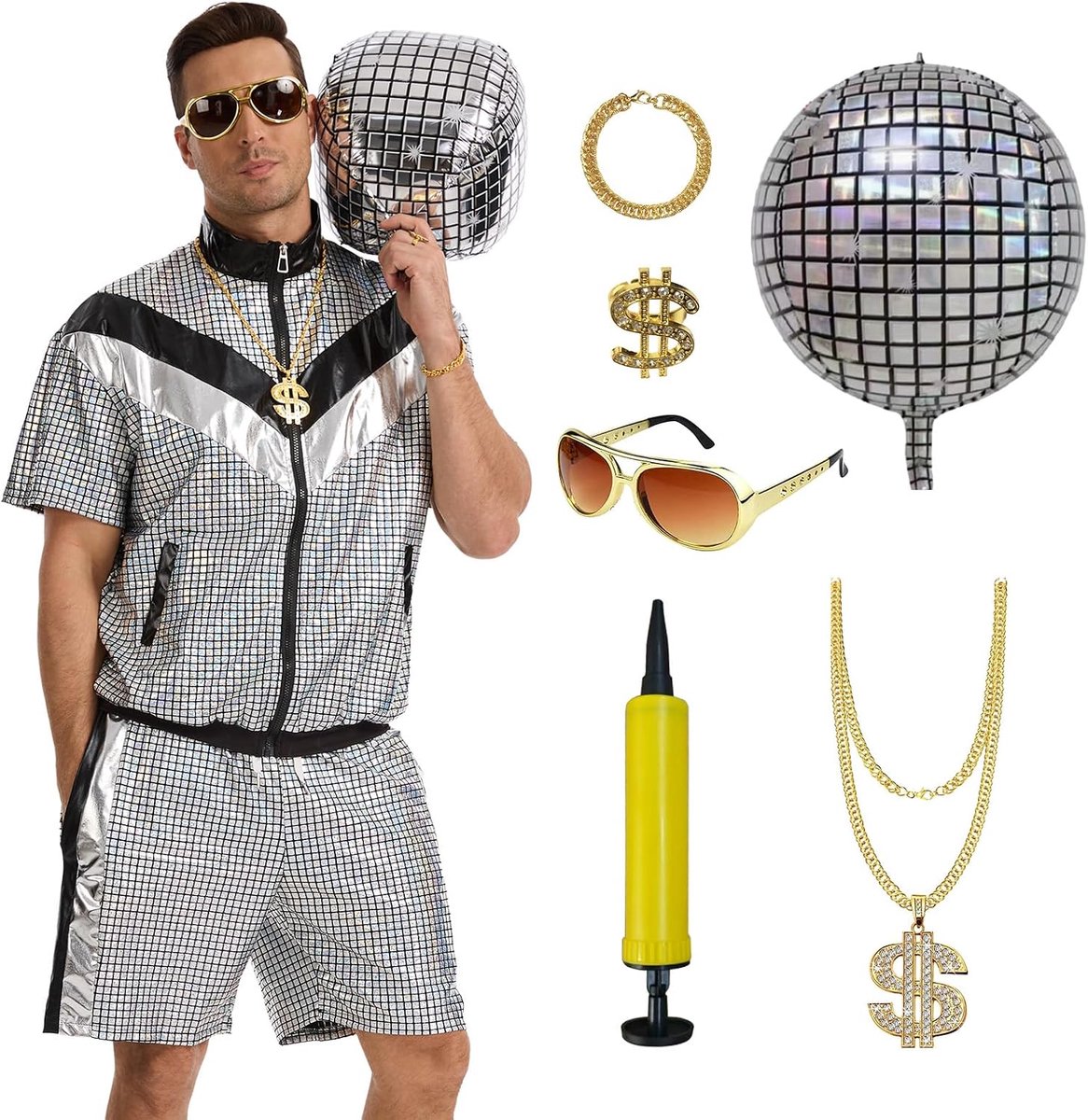 80 glanzend trainingspak voor heren en dames, hiphopoutfit, retro disco outfit jaren 90 verkleedkostuum set