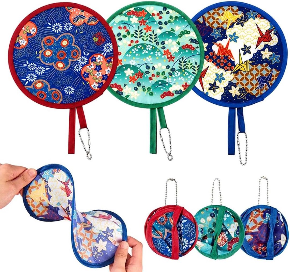 3 stuks kleine waaiers, opvouwbare Japanse zakwaaiers met hoes, in de ontwerpen groen, orchidee, kraan, ideaal voor bruiloften, feesten en als gastgeschenk