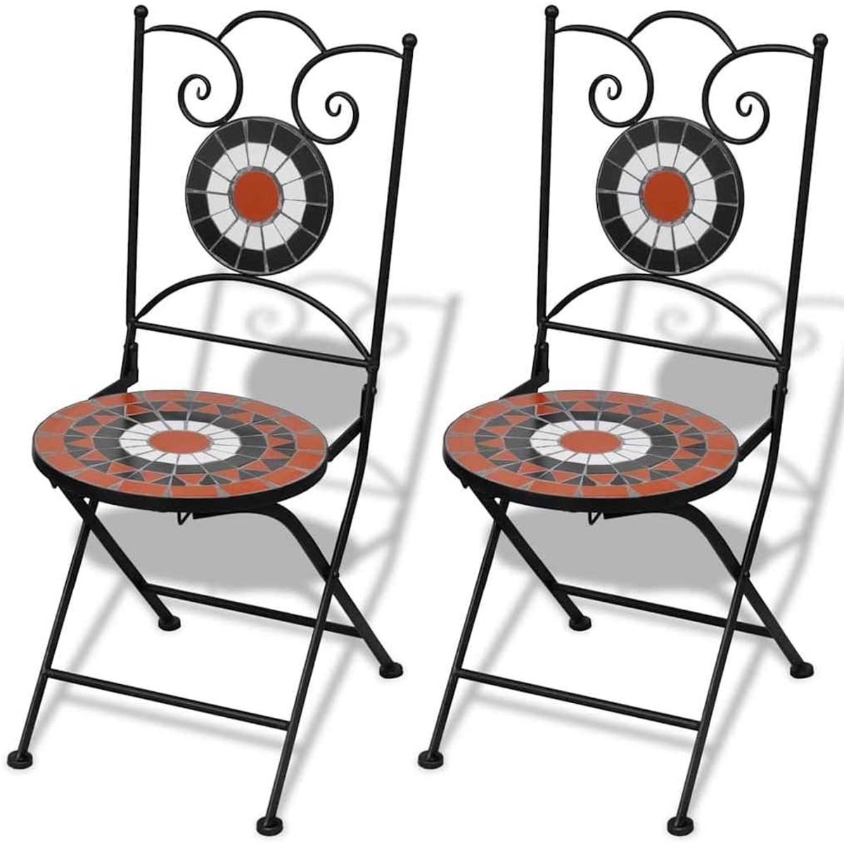 Set van 2 Mozaïekstoelen, klapstoel met keramische zitting in terracotta en wit, gepoedercoat ijzeren frame, maximale belasting 110 kg per zitting.