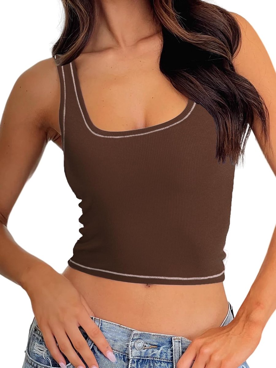 Geribde tanktop voor dames, gewatteerde sporttop, crop-top met vierkante hals, getailleerde basic cami-top