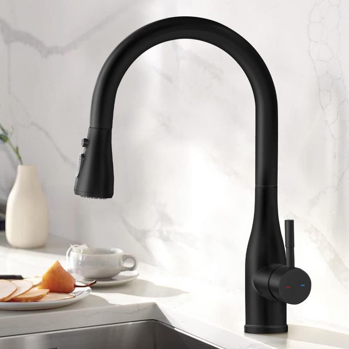 Zwart met Uittrekbare Uitloop, Hogedruk Waterkraan keuken 360 ° draaibaar, Keukenkraan met 3 modi, Eengreepsmengkraan Spoelbak Kraan Keuken,304 Roestvrij Staal