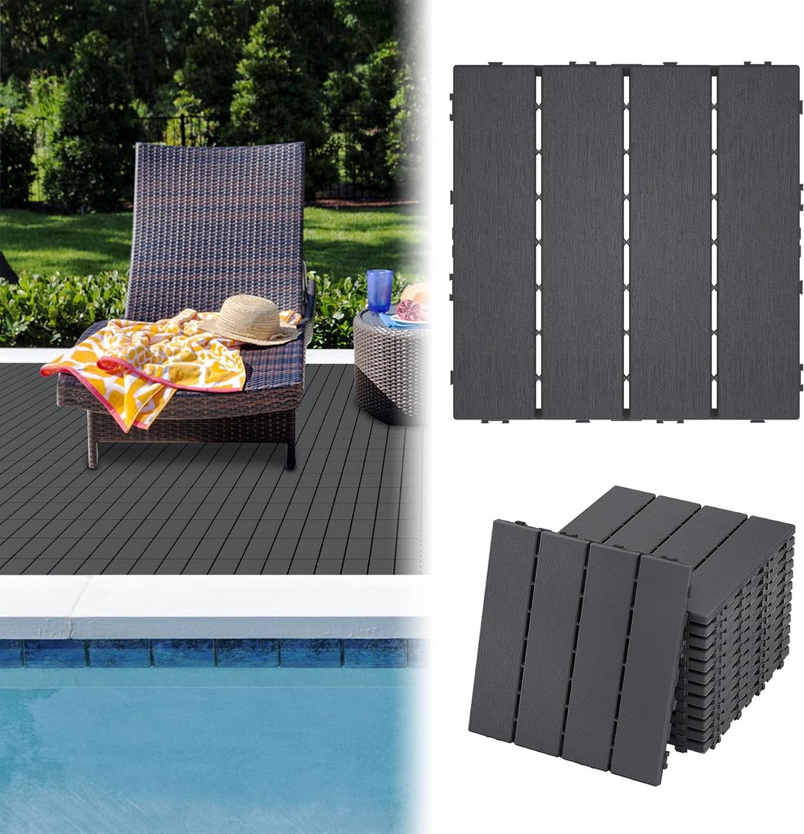 Terrastegels, 30 x 30 cm, kliktegels, terras, weerbestendige platen voor balkon, tuin, balkontegels met houtnerf-look, weerbestendig, met drainagefunctie (antraciet, 44 stuks, 4 stuks, 4 m²)