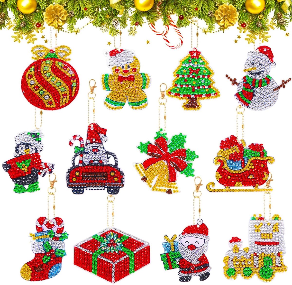 12 stuks kerst doe-het-zelf diamant schilderij sleutelhanger, 5D dubbelzijdige volledige boor diamant sleutelhangers, kerstboom kerstman diamant kunst ambachtelijke kits sleutelringen voor kinderen