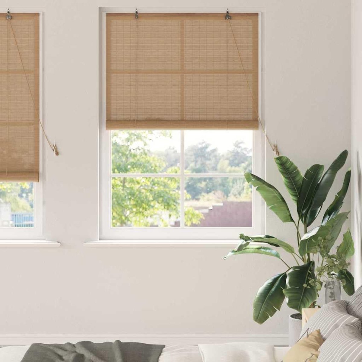 Bamboe rolgordijn, duurzame lampenkap met externe montage, natuurlijk lichtfilter en handmatige bediening voor ramen, elegante en functionele afwerking