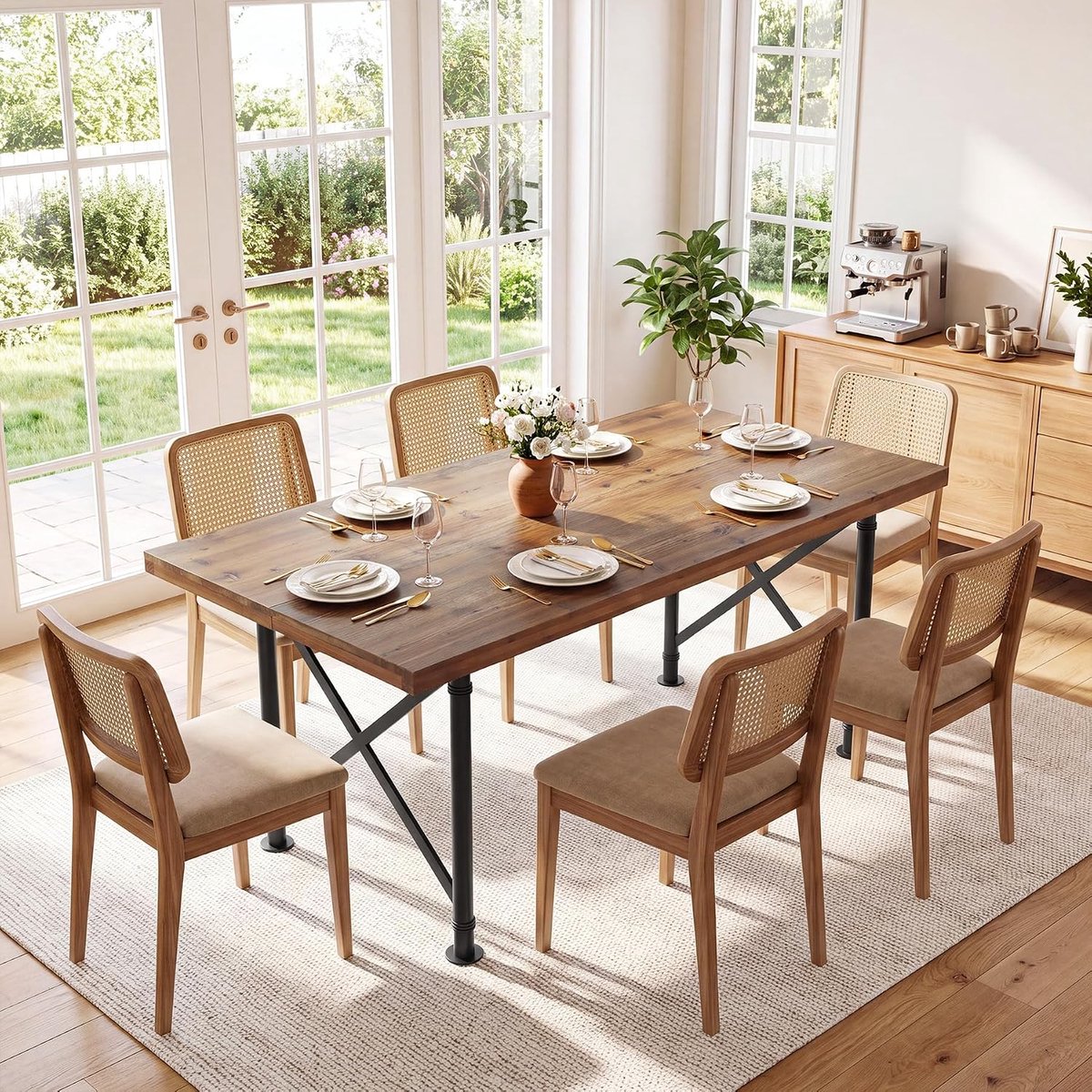 Houten eettafel 160 cm met metalen poten, rustiek bruin