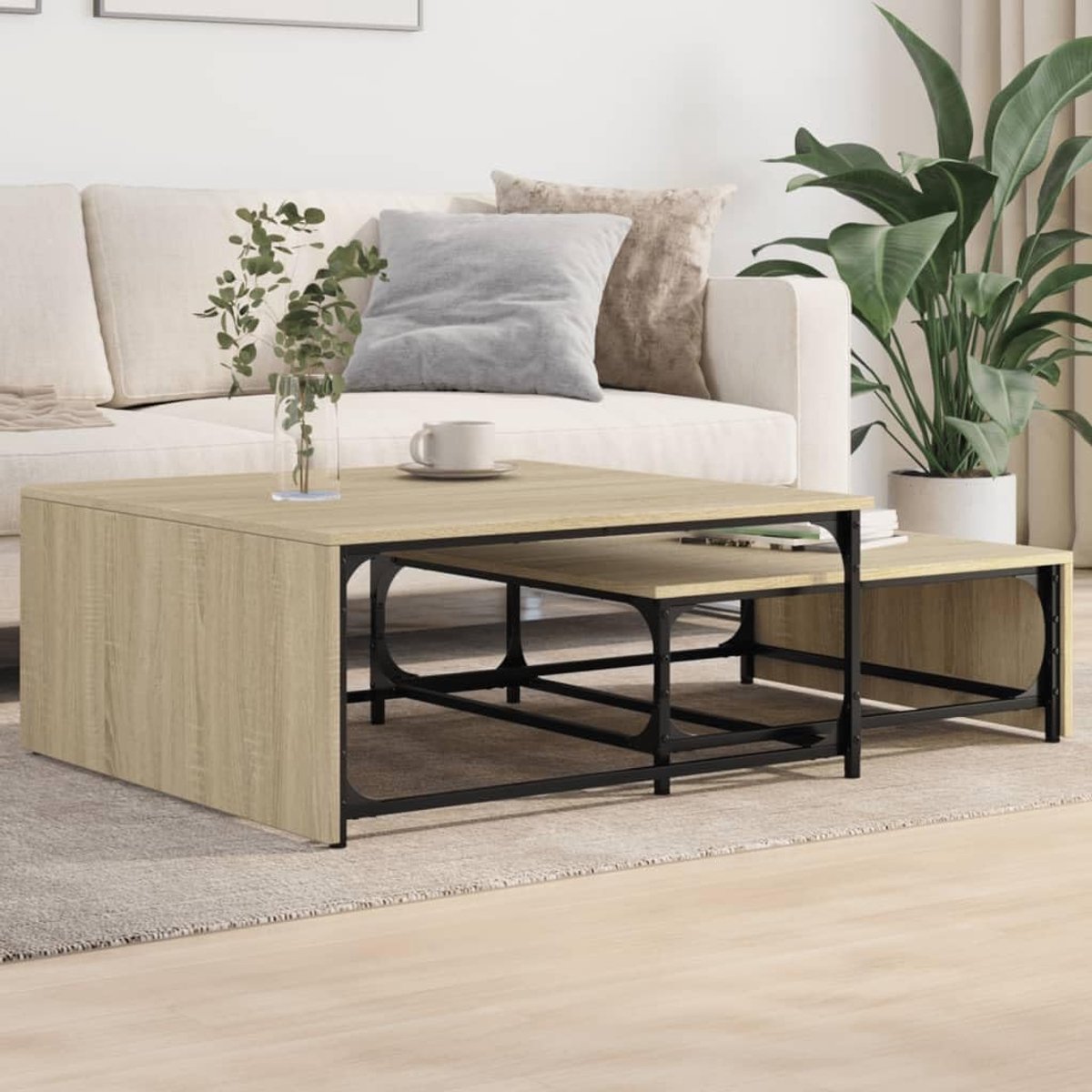 Salontafels 2 stuks Sonoma-eiken hout materiaal en metaal, salontafel bijzettafel voor woonkamer, slaapkamer nachtkastje, koffietafel banktafel, woonkamertafel